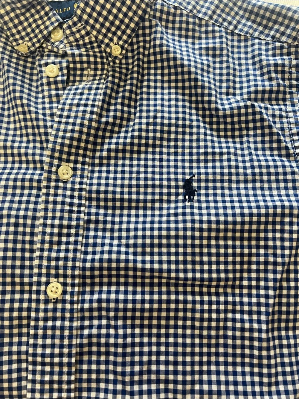 Ralph Lauren Boys Gingham Short Sleeve Button Down Shirt Size XL (18/20) Kit Nav